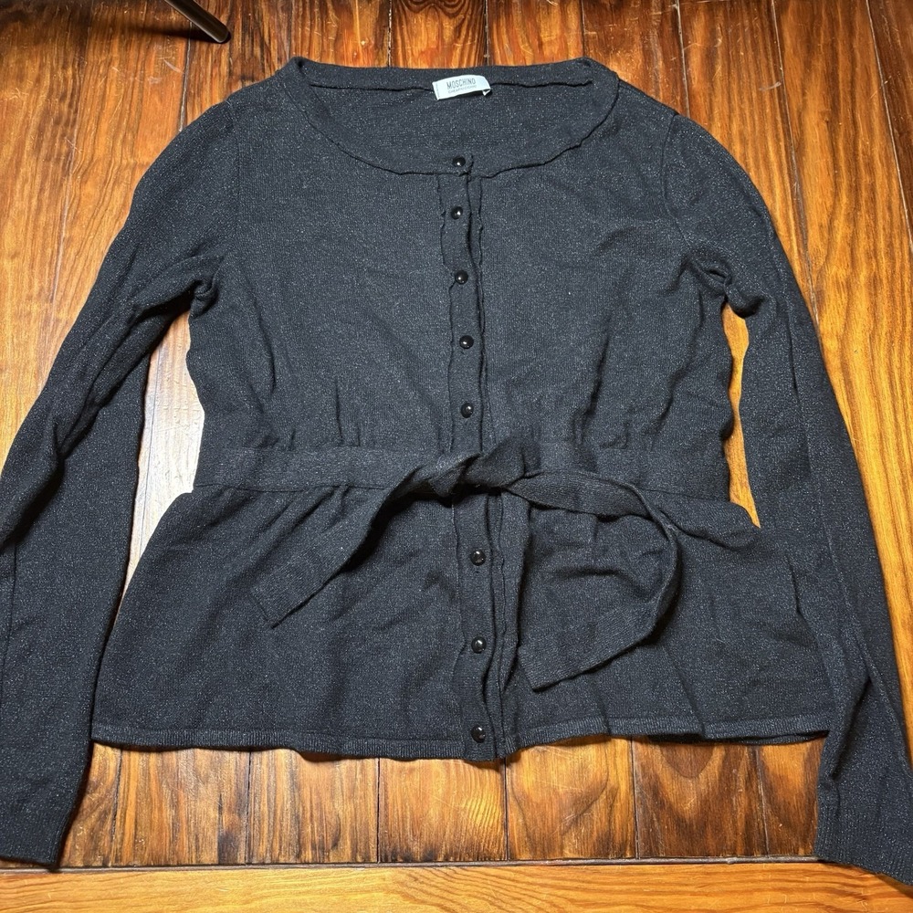 Moschino Cheap & Chic Black Glitter Metallic Tie Waist Cardigan Sweater Wool 10